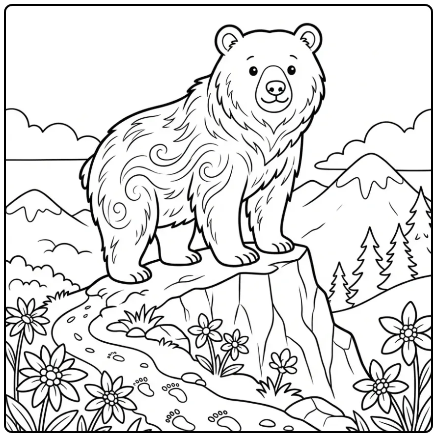 Leuke kleurplaat beer op een bergtop met wolken en bloemen.
