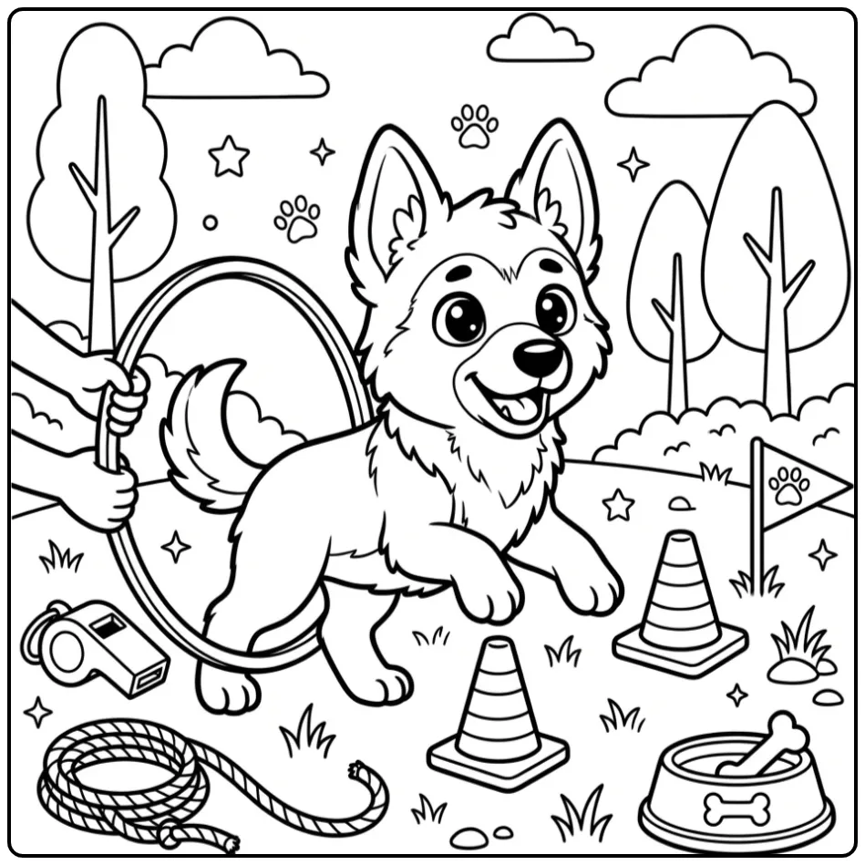 Leuke kleurplaat duitse herder pup tijdens training.