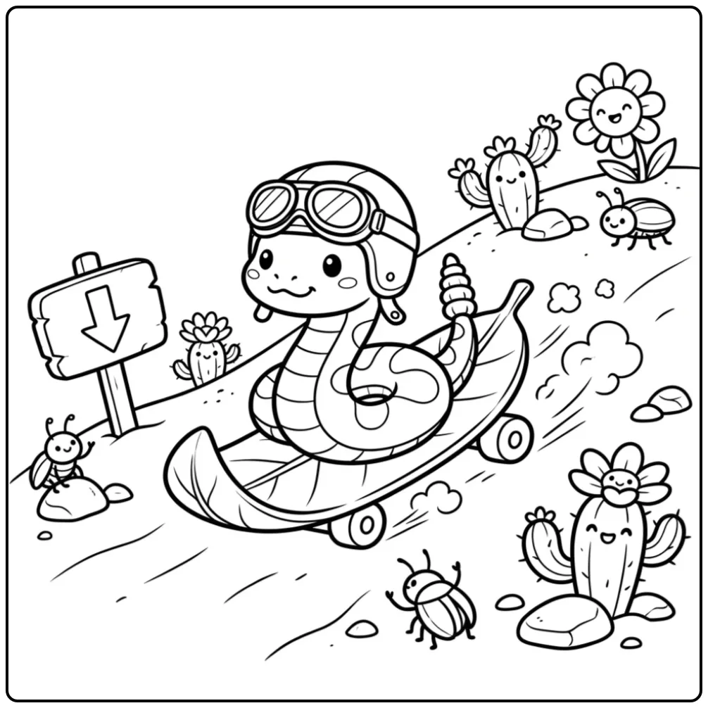 Leuke kleurplaat ratelslang die skate in de woestijn.