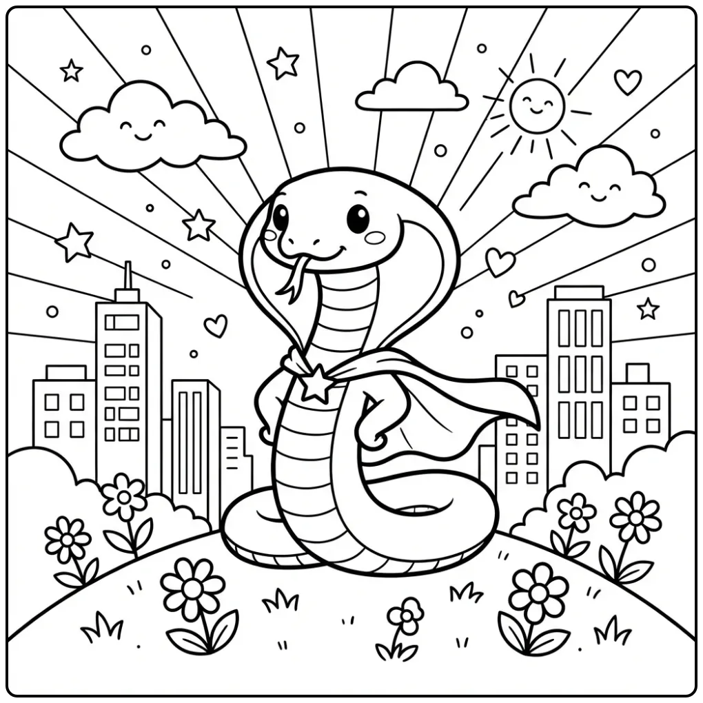 Een schattige cobra kleurplaat met superheldencape en stad.