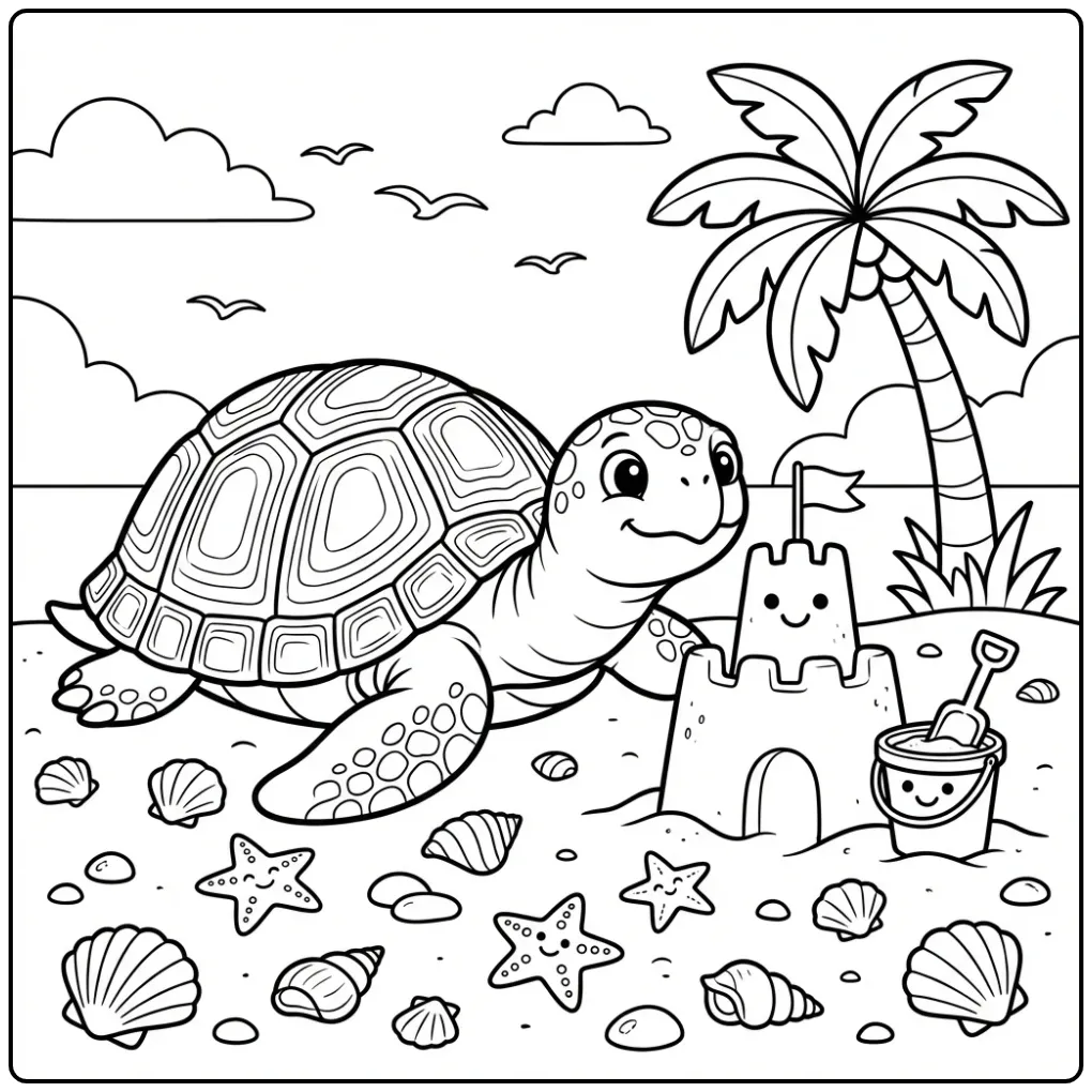 Leuke kleurplaat schildpad makkelijk met palmboom en emmertje.