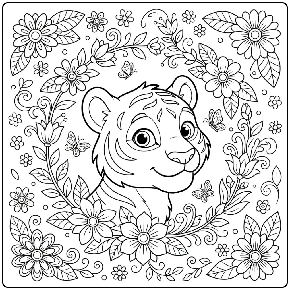 Schattige tijger hoofd kleurplaat met bloemen en vlinders.