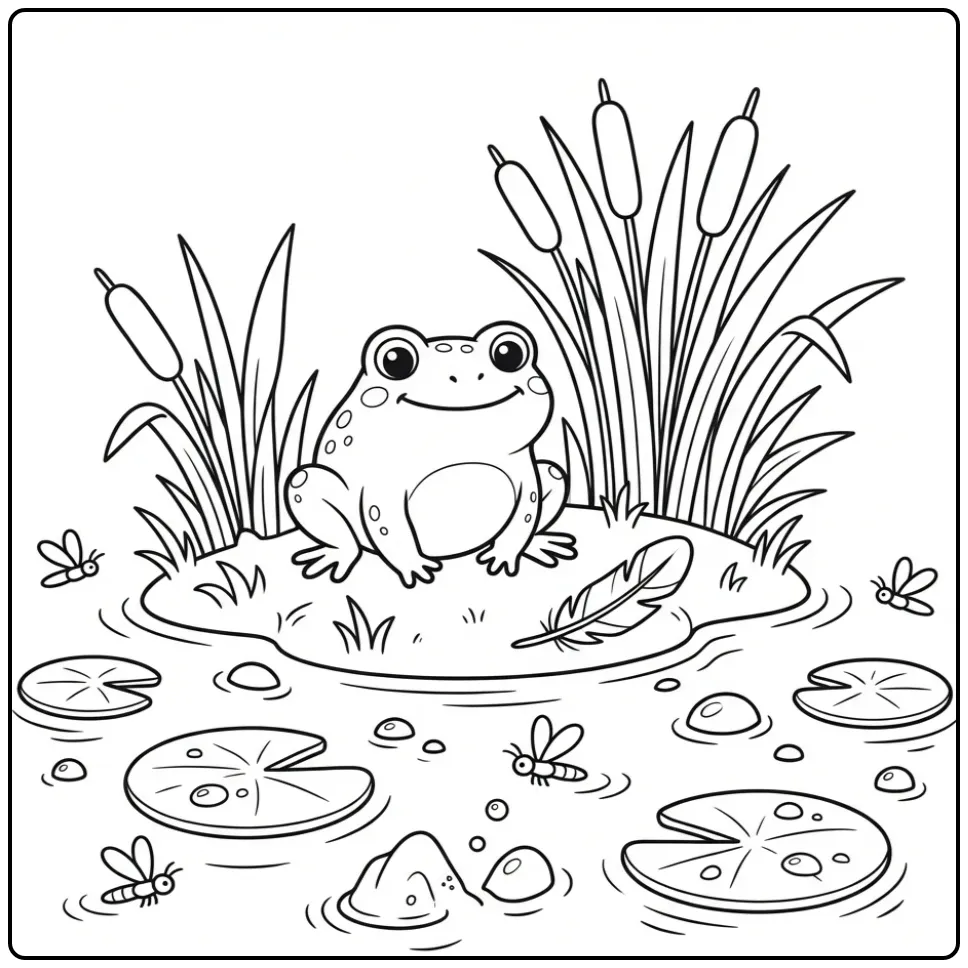 Leuke toad kleurplaat met riet en waterlelies in het moeras.