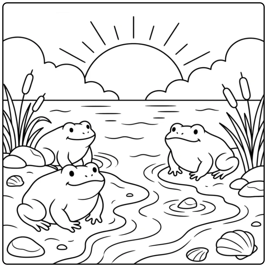 Schattige toad kleurplaat met padden bij zonsopgang.