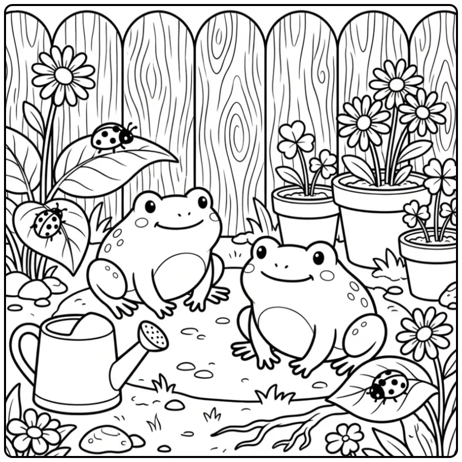 Schattige toad kleurplaat met twee padden in de tuin.