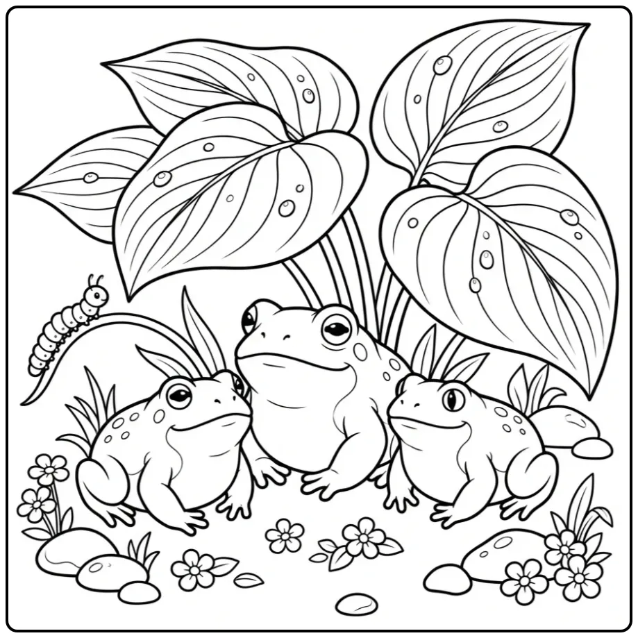 Leuke toad kleurplaat met drie padden onder hostabladeren.