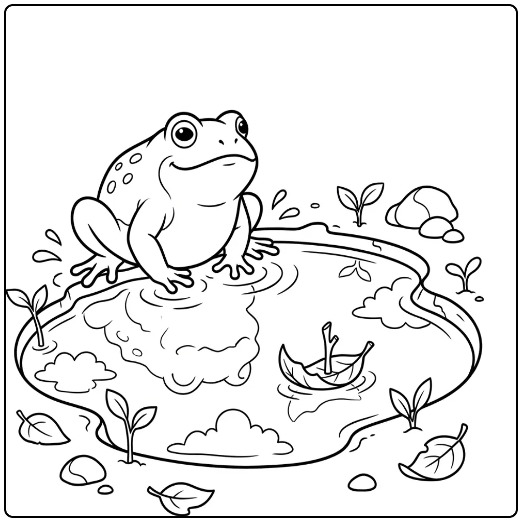 Schattige toad kleurplaat zittend bij een regenplas met boot.