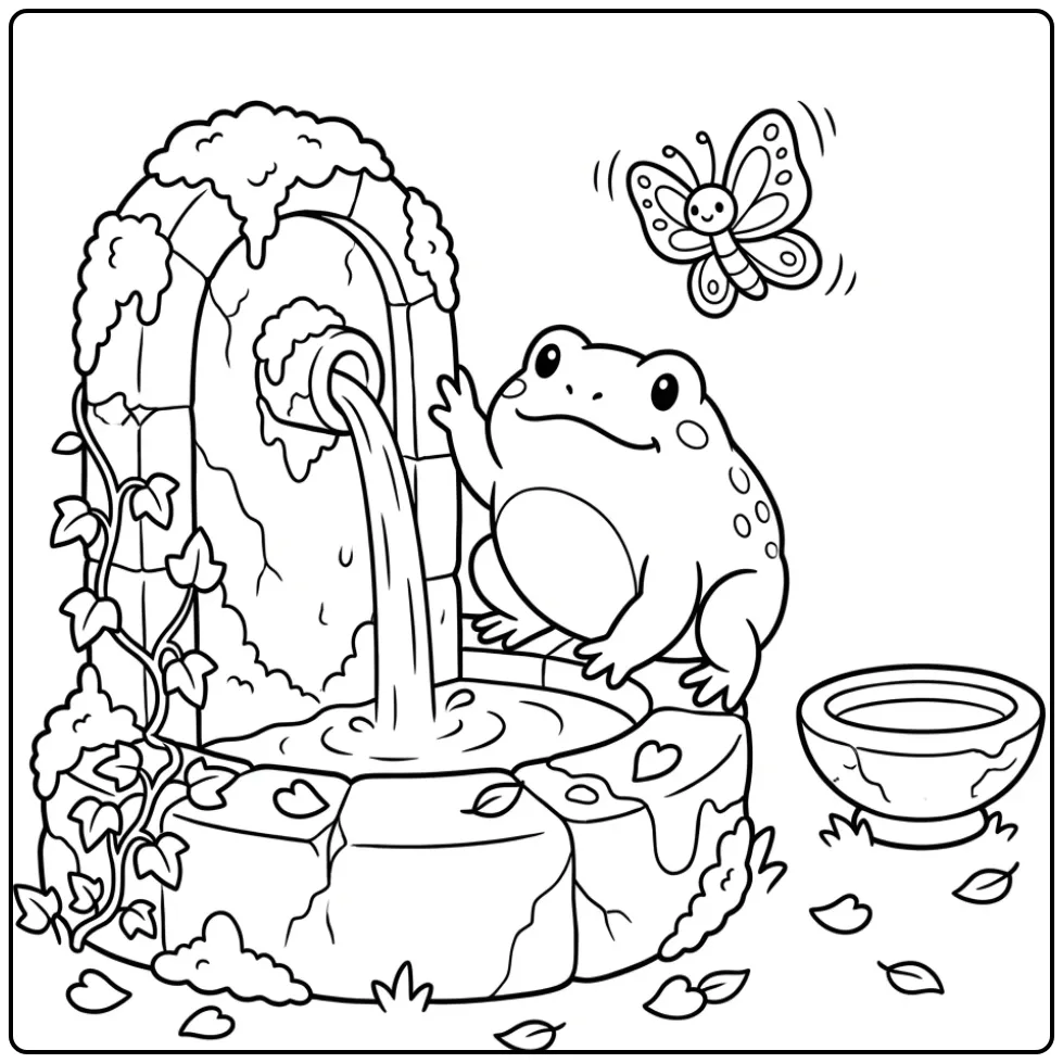 Toad kleurplaat met een pad die op een bemoste fontein klimt