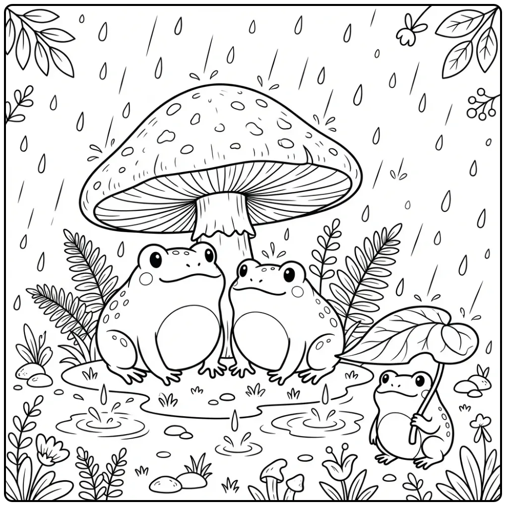 Leuke toad kleurplaat met padden en regendruppels.