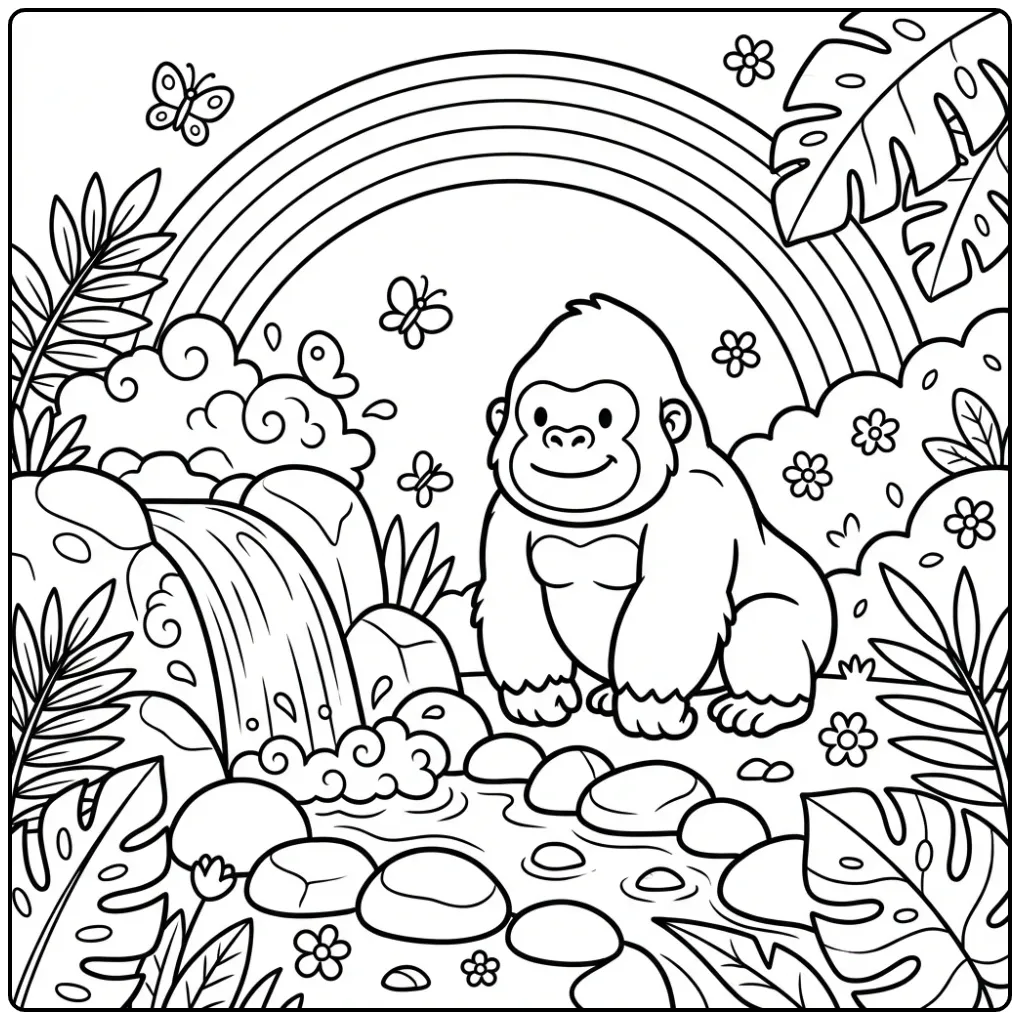 Leuke gorilla kleurplaat bij een waterval en regenboog.