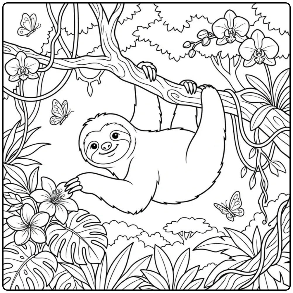 Schattige kleurplaat luiaard die naar bladeren reikt.