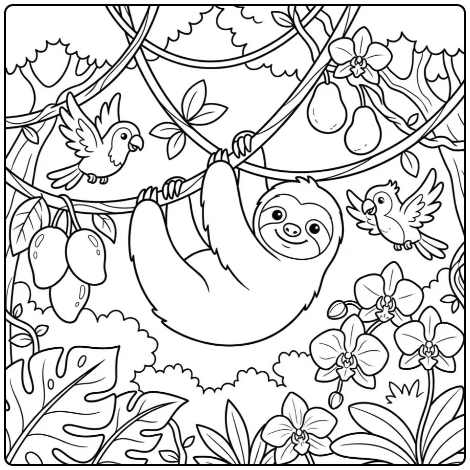 Vrolijke kleurplaat luiaard hangend aan een tak.