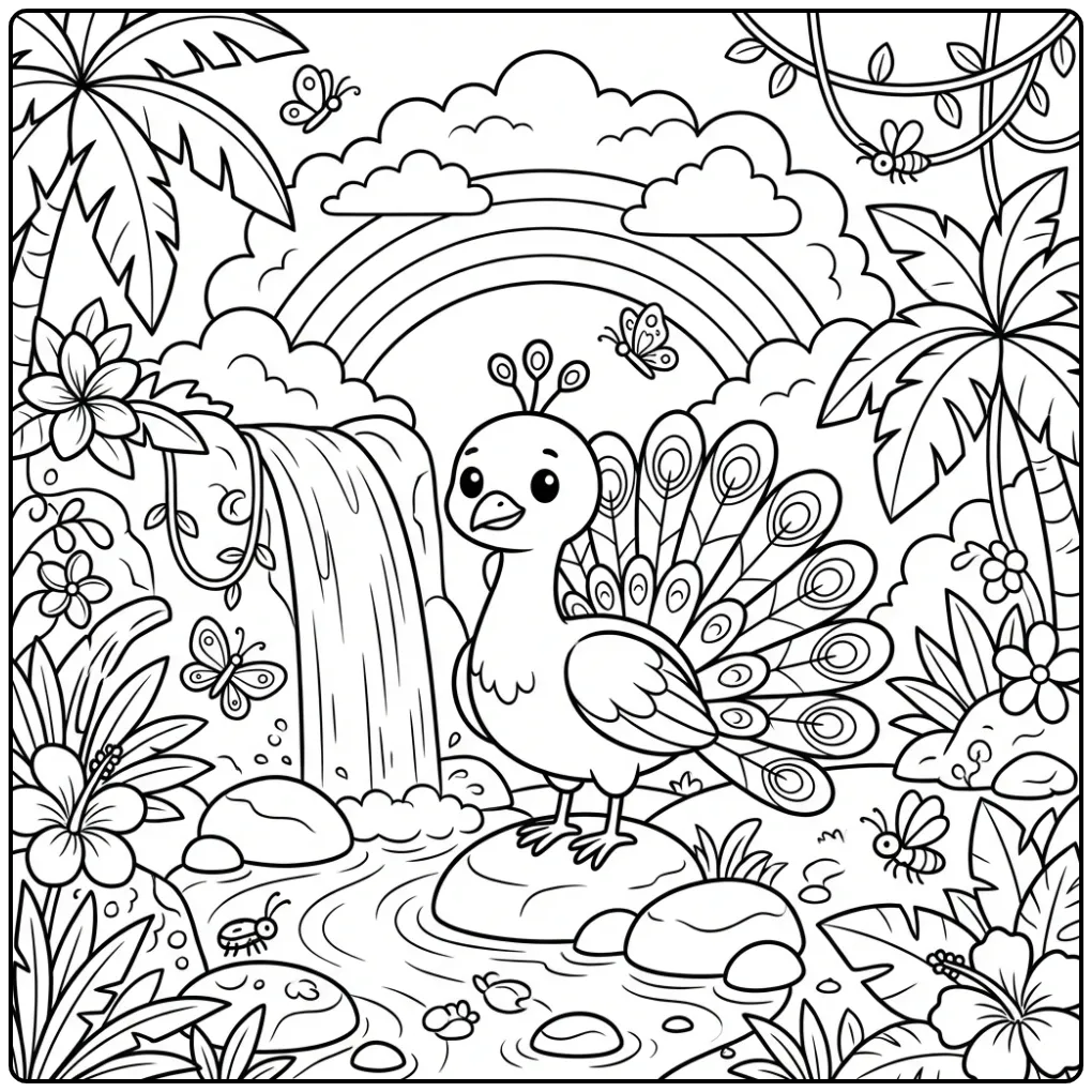 Schattige kleurplaat pauw bij een tropische waterval.