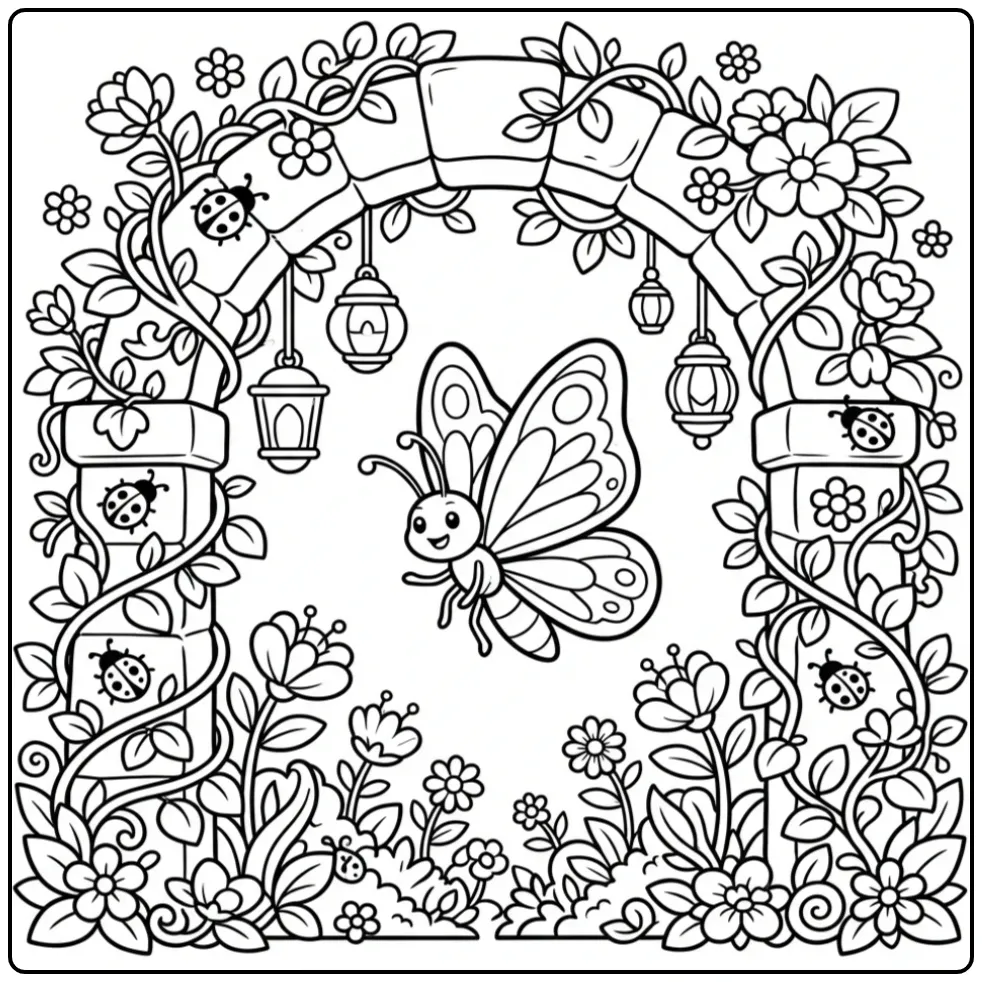 Vlinder kleurplaat volwassenen in een tuin met bloemenboog