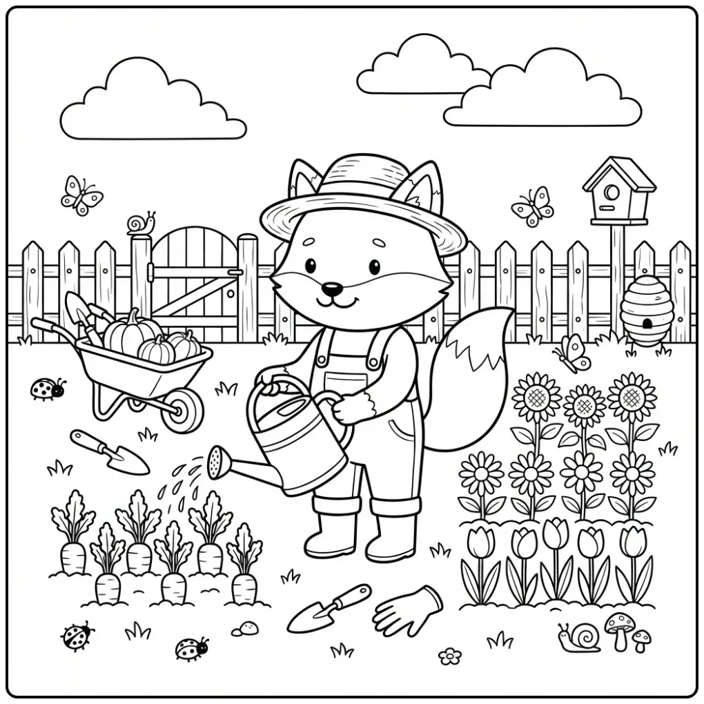 Schattige kleurplaat vos in de moestuin met gieter.