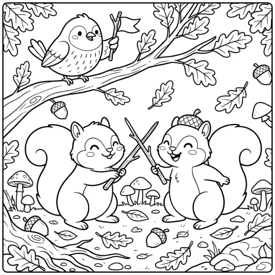 Speelse twee vechtende eekhoorntjes kleurplaat in bos.