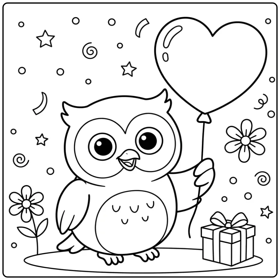 Schattige uil kleurplaat simpel met hart en bloemen.
