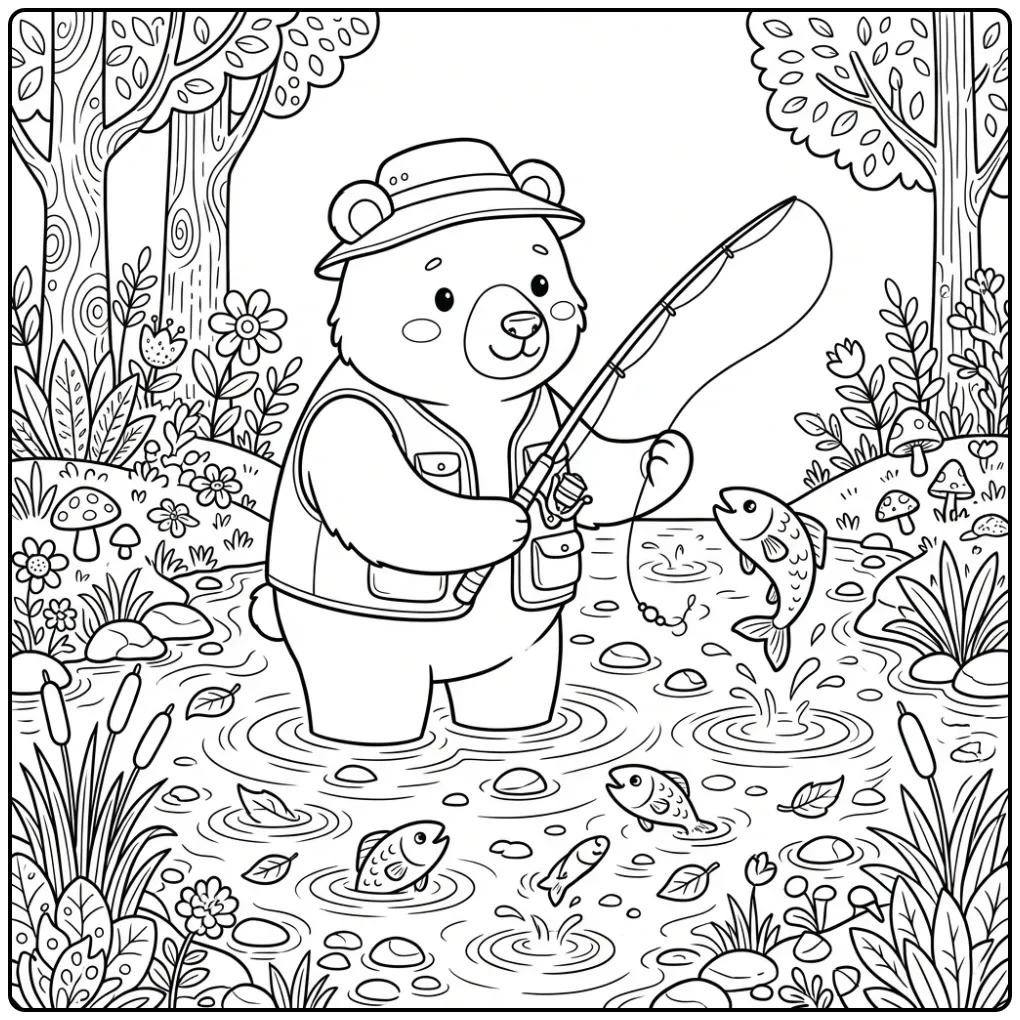 Gedetailleerde kleurplaat beer moeilijk vissend in een rivier.