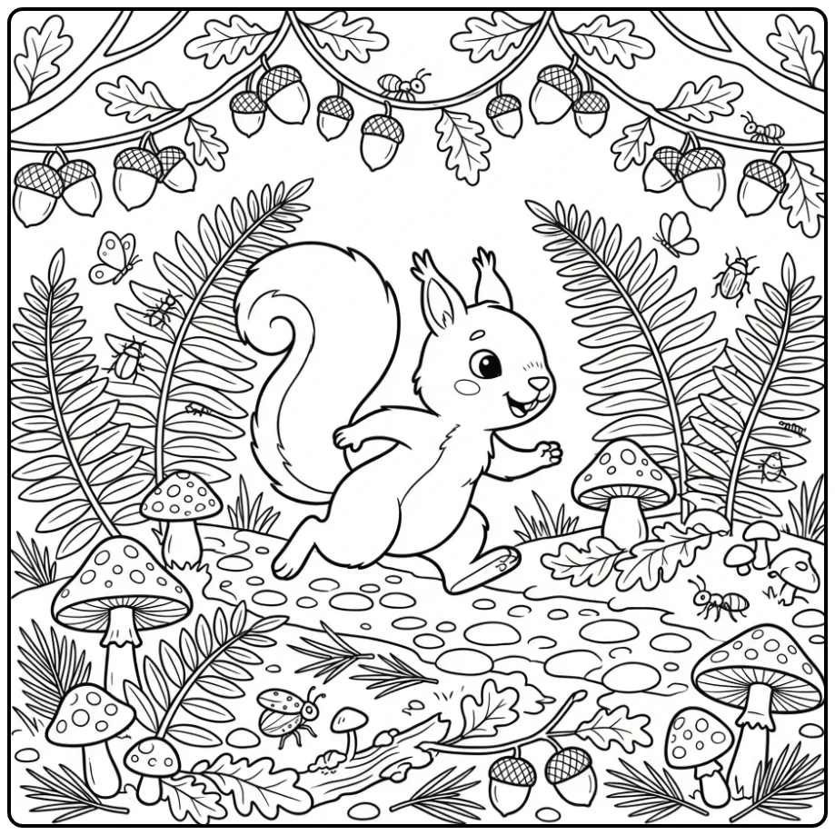Gedetailleerde kleurplaat eekhoorn moeilijk in een druk bos.