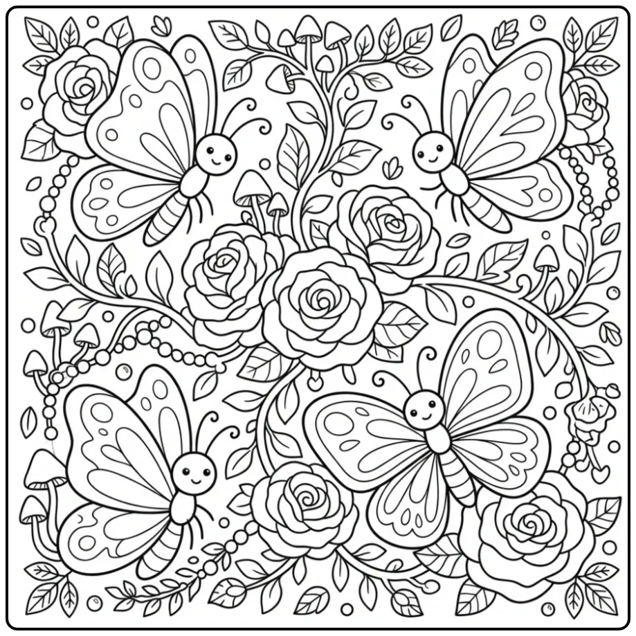 Gedetailleerde kleurplaat vlinder moeilijk met rozen en natuur.