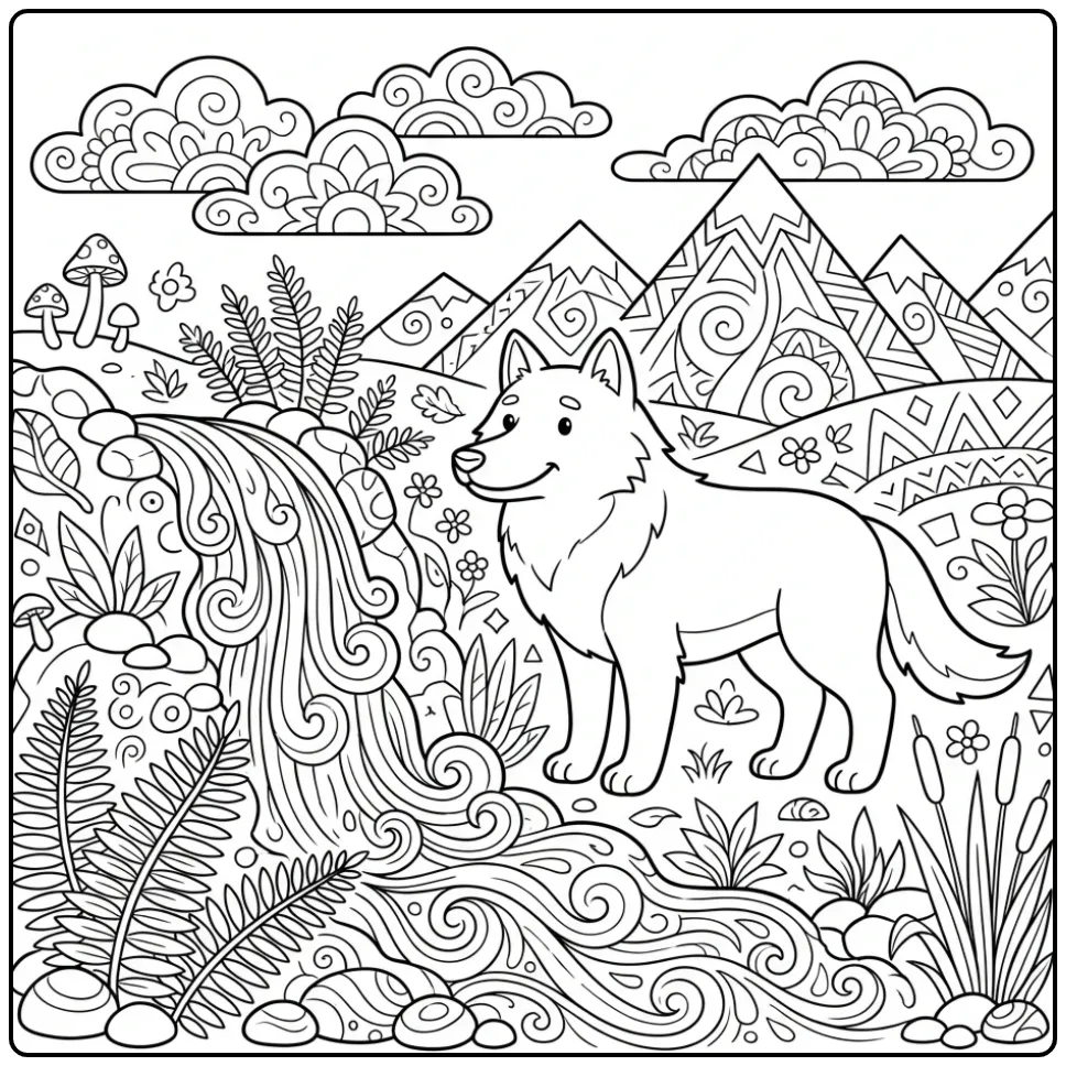 Gedetailleerde kleurplaat wolf moeilijk bij een waterval.