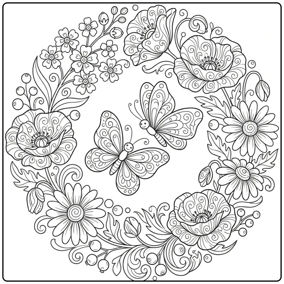 Een gedetailleerde kleurplaat bloemen en vlinders moeilijk.