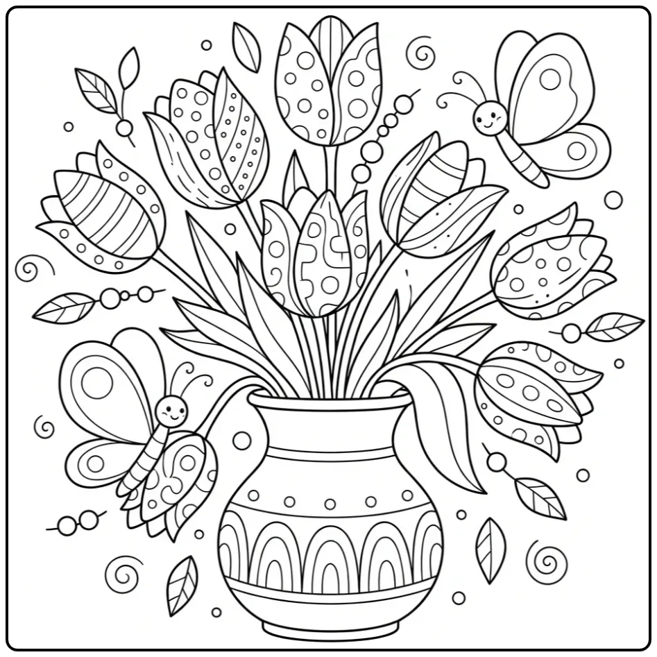 Tulpen in vaas kleurplaat bloemen en vlinders volwassenen.