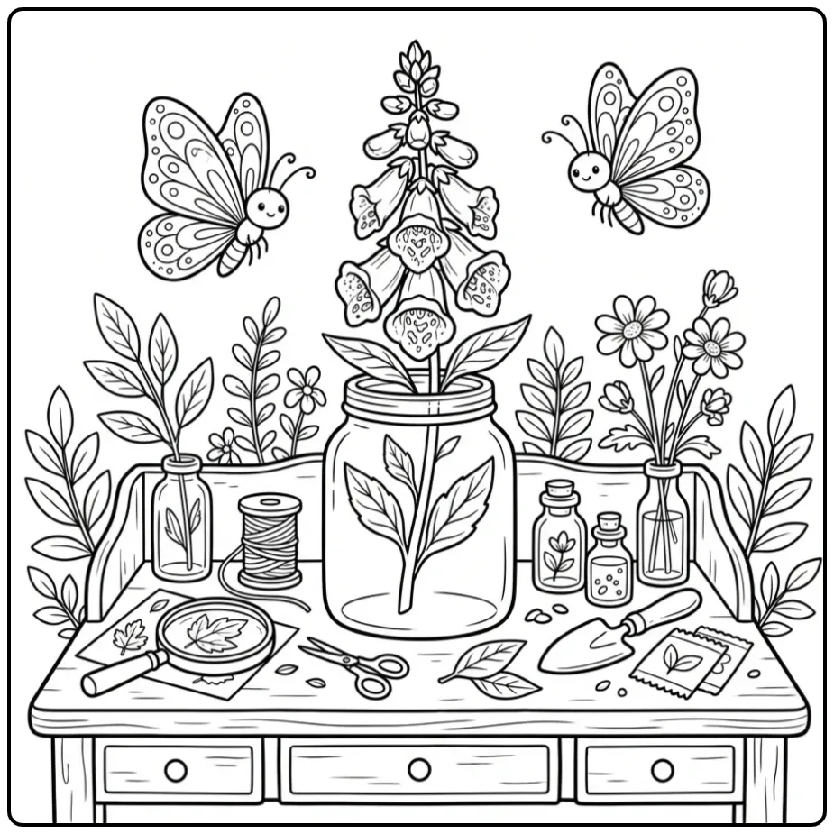 Detail van een kleurplaat bloemen en vlinders moeilijk op bureau