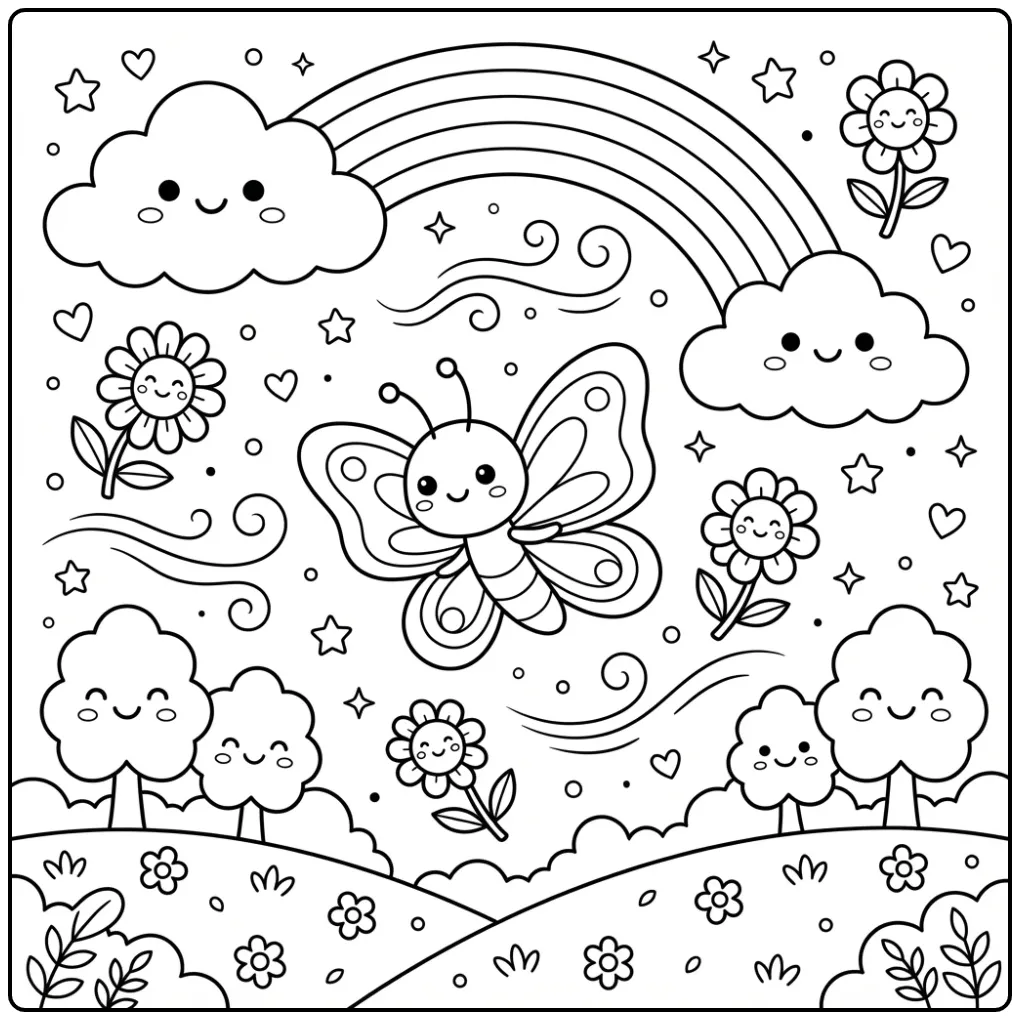 Schattige vlinder kleurplaat simpel met regenboog en wolken.