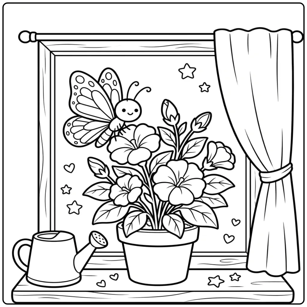 Schattige vlinder kleurplaat simpel bij plant op vensterbank.