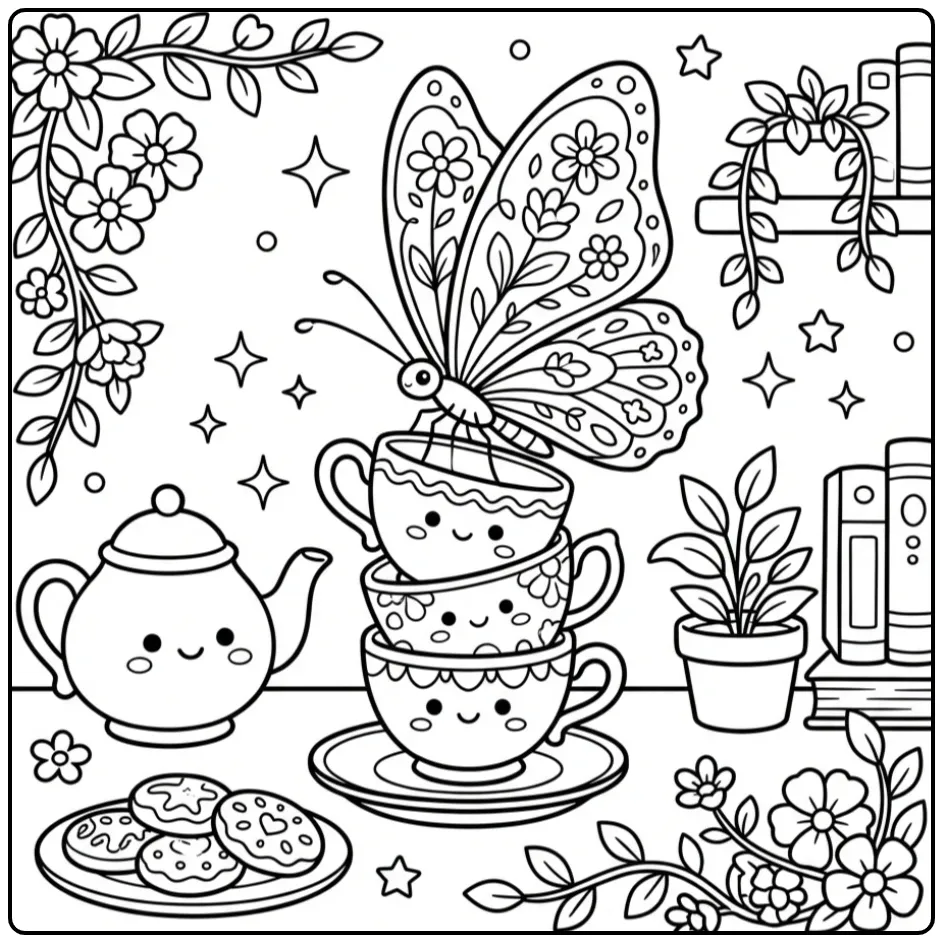 Een mooie vlinder kleurplaat volwassenen op servies.