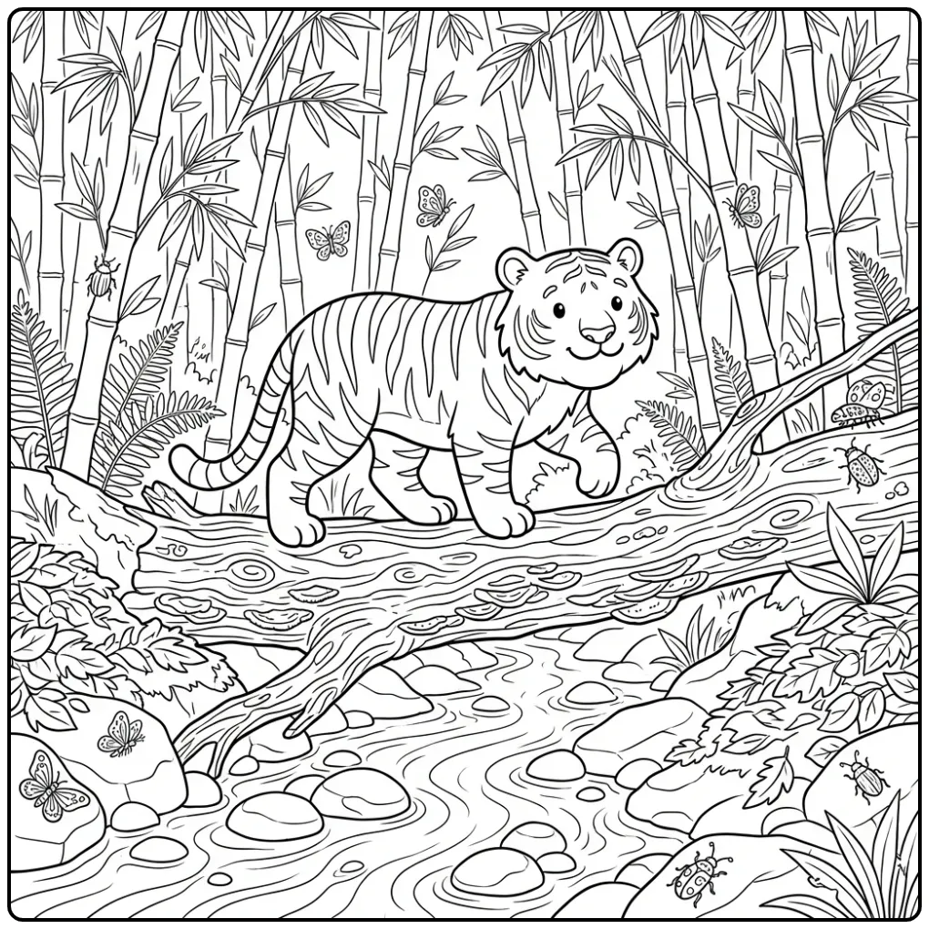 Gedetailleerde kleurplaat tijger moeilijk op een boomstam