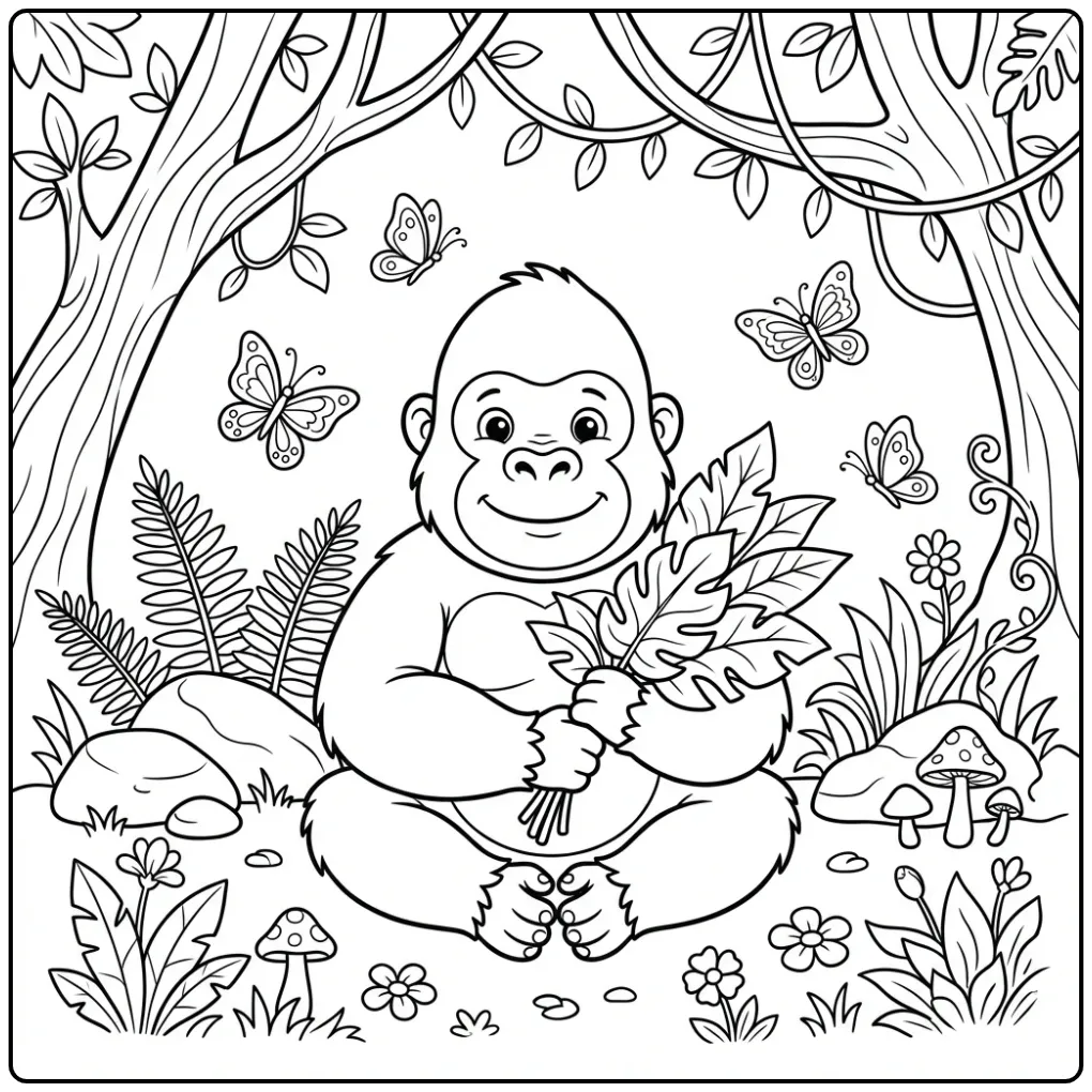 Schattige gorilla kleurplaat zittend in het oerwoud.