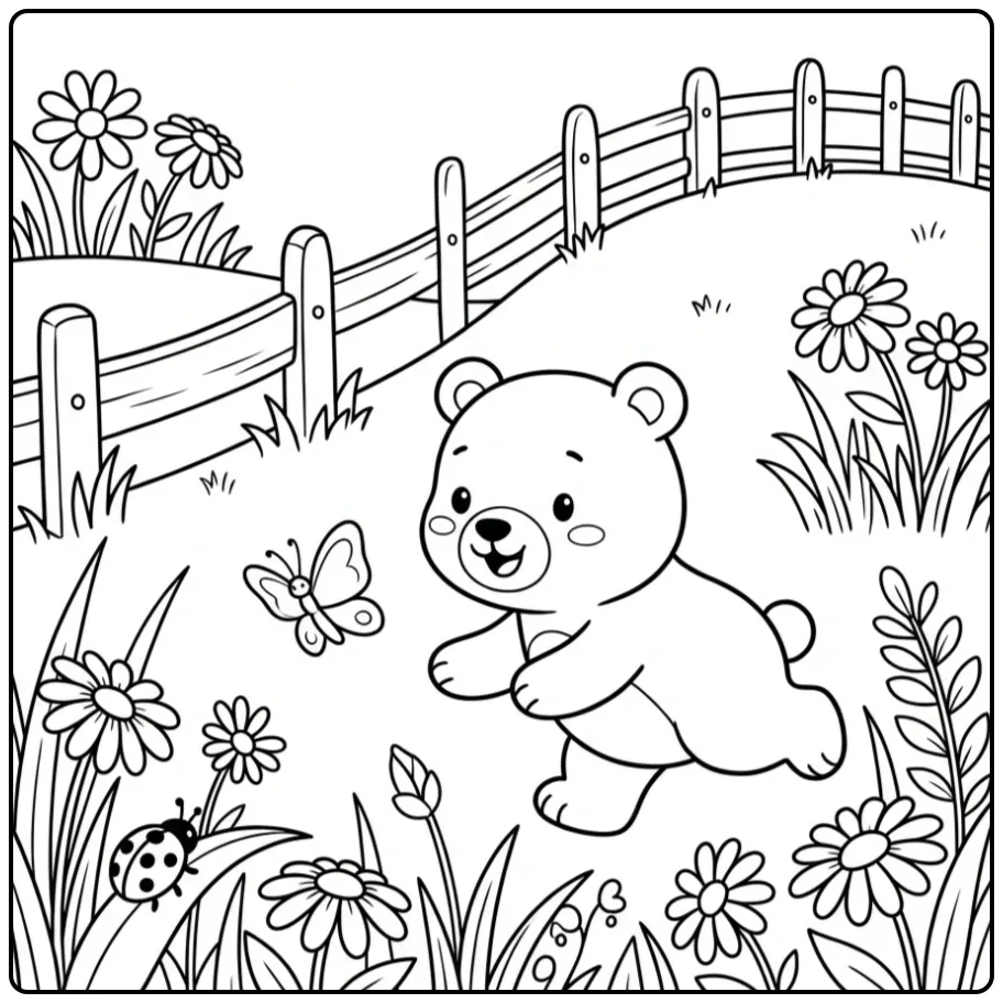 Schattige kleurplaat beertje dat achter een vlinder aan rent.