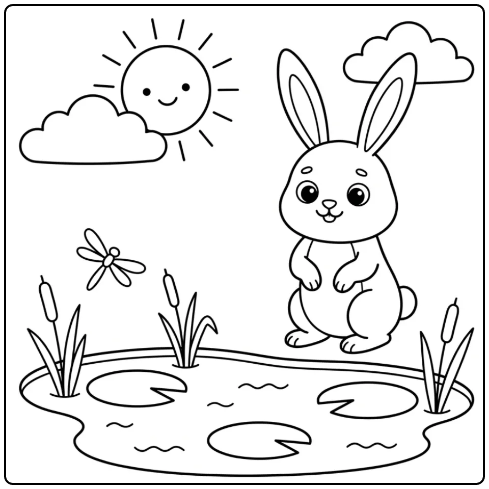 Schattig konijn kleurplaat makkelijk bij een vijver met zon.