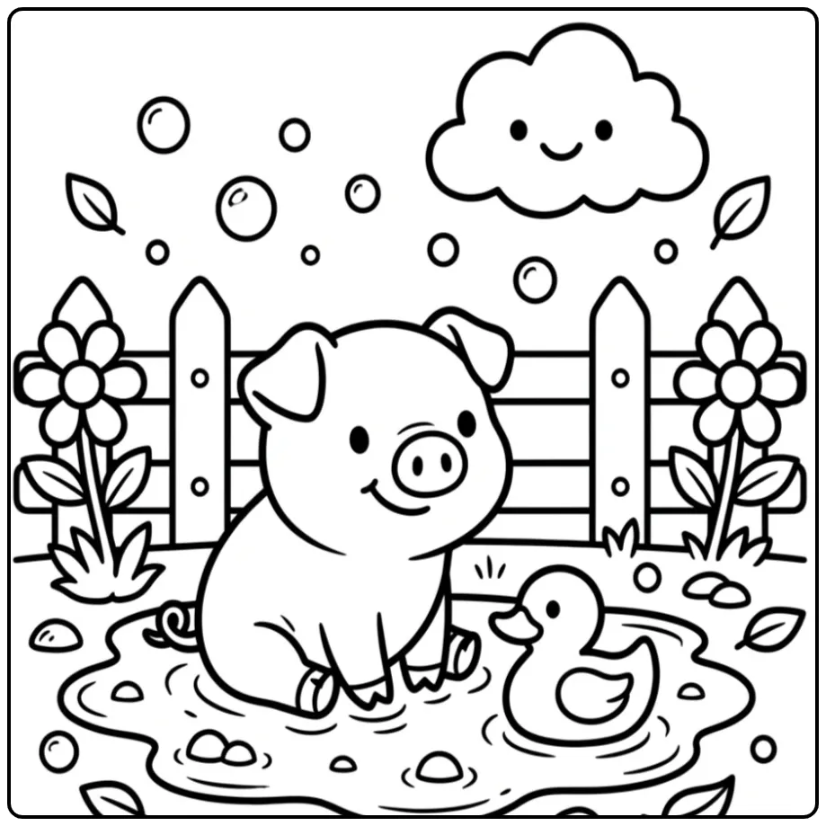 Schattig varken kleurplaat peuters in de modder met eend.