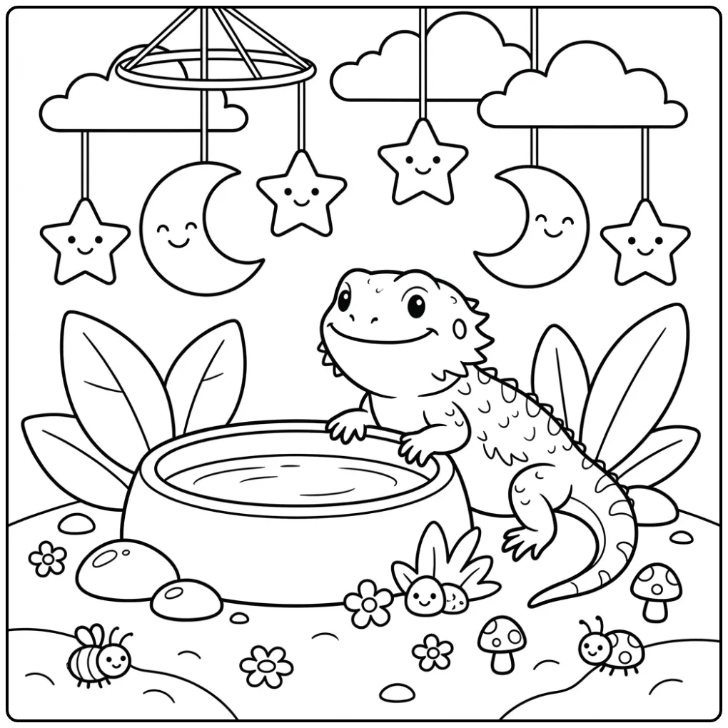 Leuke Baardagaam kleurplaat voor peuters met waterbak.