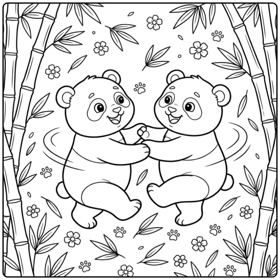 Schattige baby panda kleurplaat met twee dansende panda's.