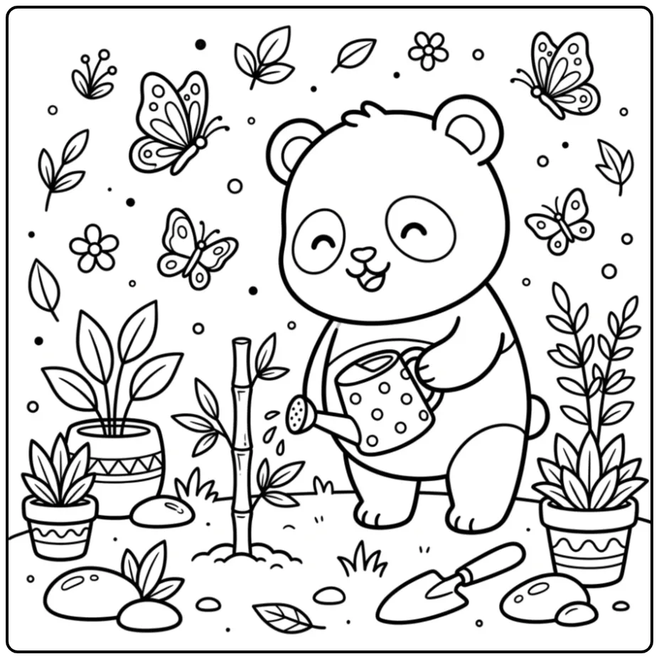 Schattige baby panda kleurplaat geeft bamboe water.