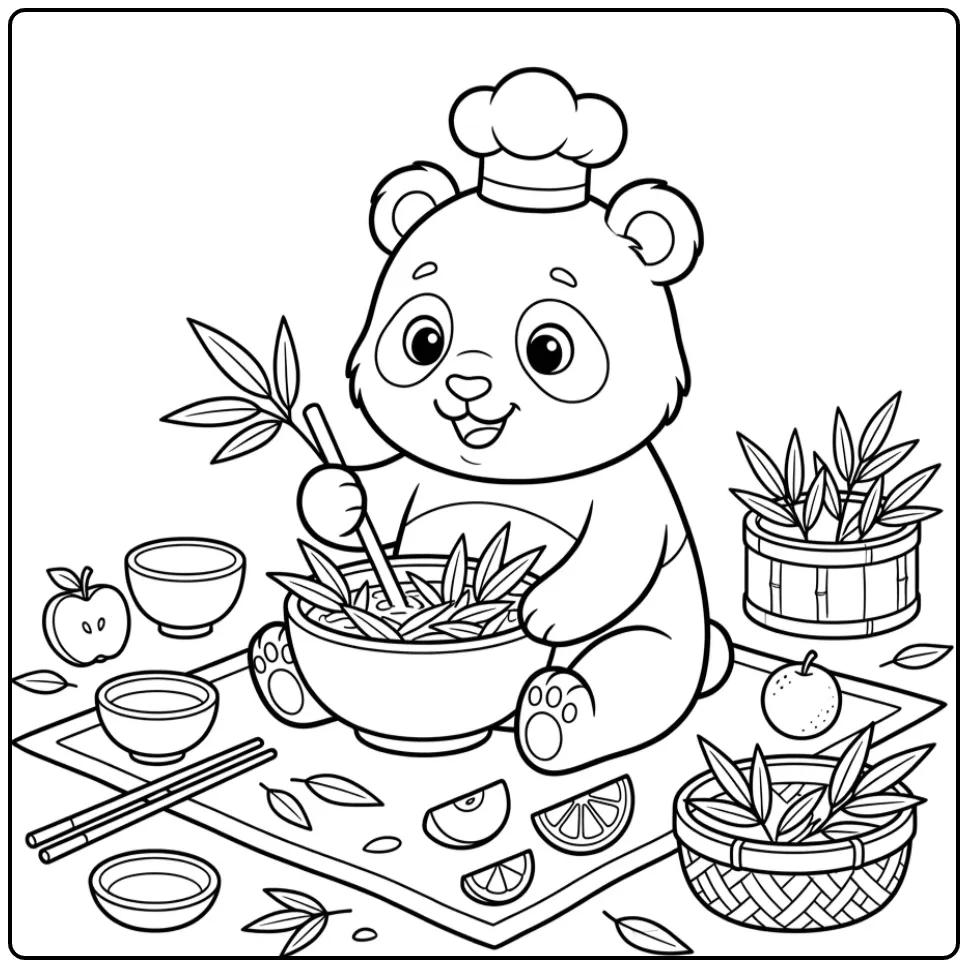 Een schattige baby panda kleurplaat met koksmuts op.