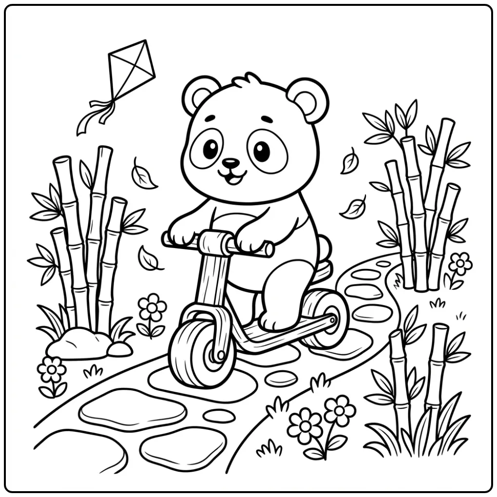 Schattige baby panda kleurplaat op een houten step met vlieger.