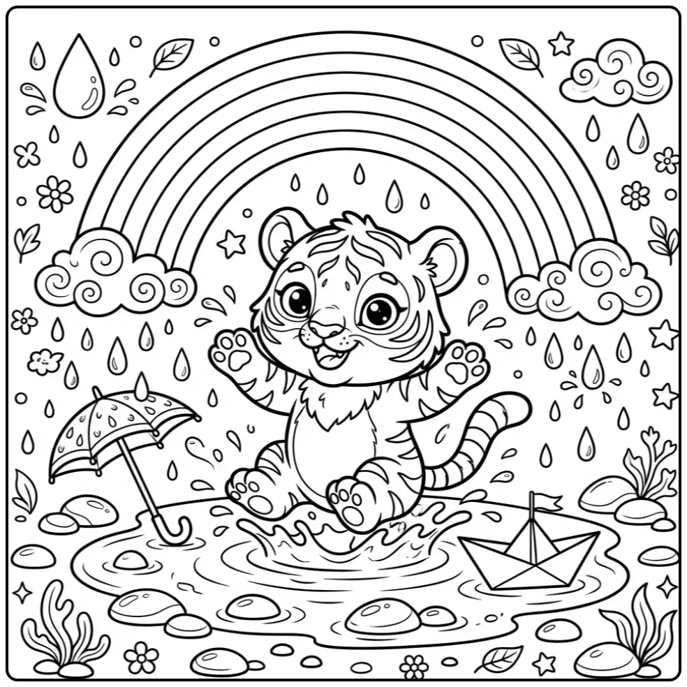 Schattige baby tijger kleurplaat spelend in een regenplas.