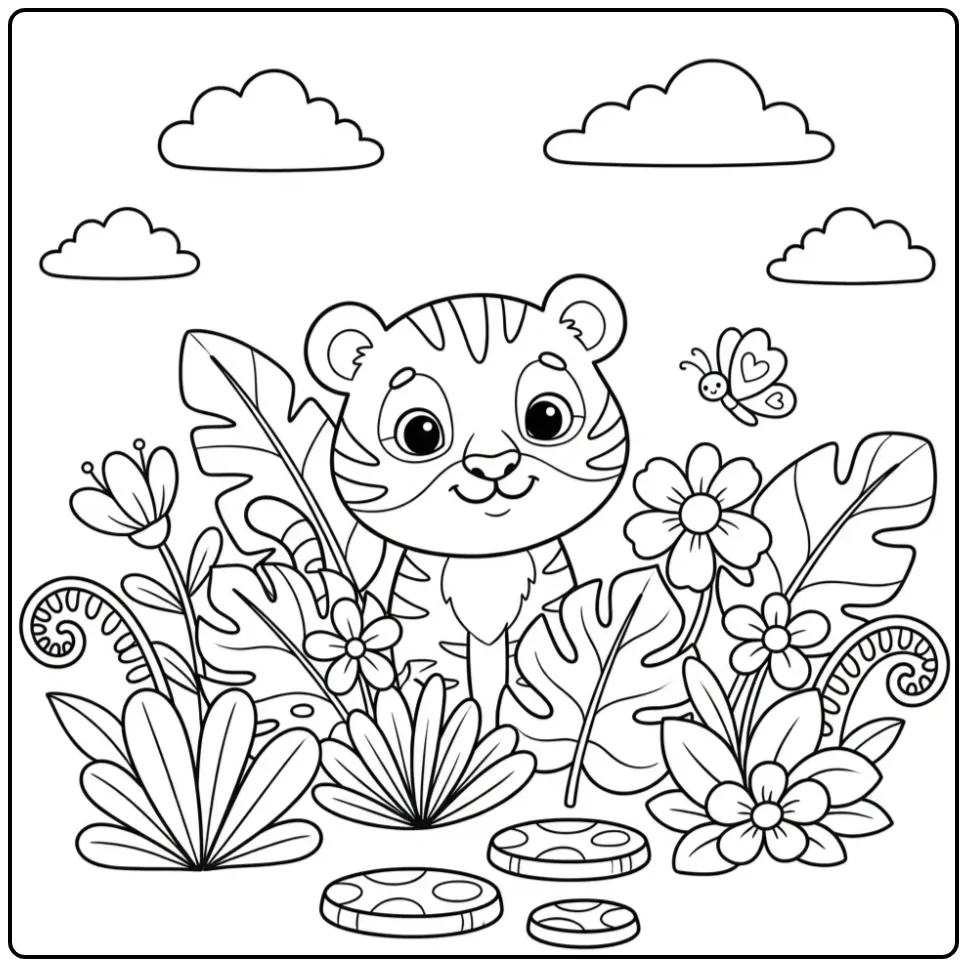 Schattige baby tijger kleurplaat in een jungle bloementuin