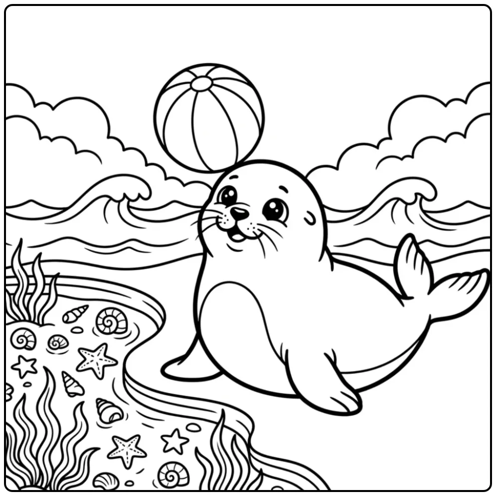 Schattige zeehond kleurplaat met een bal en schelpen.