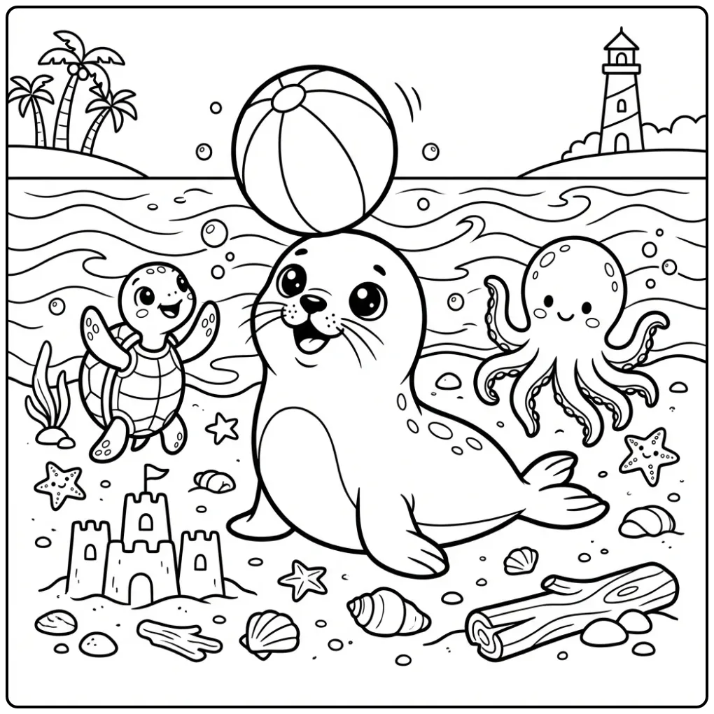 Schattige baby zeehond kleurplaat spelend met bal