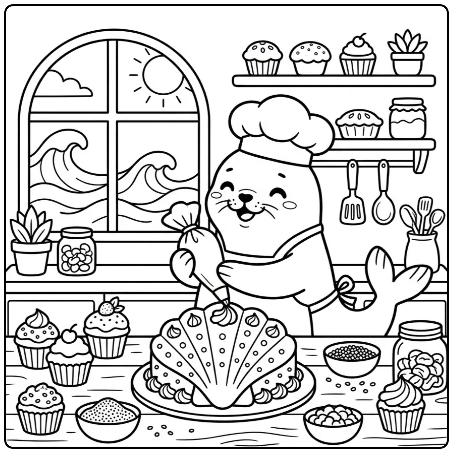 Zeehond kleurplaat van een bakker die een schelptaart versiert.