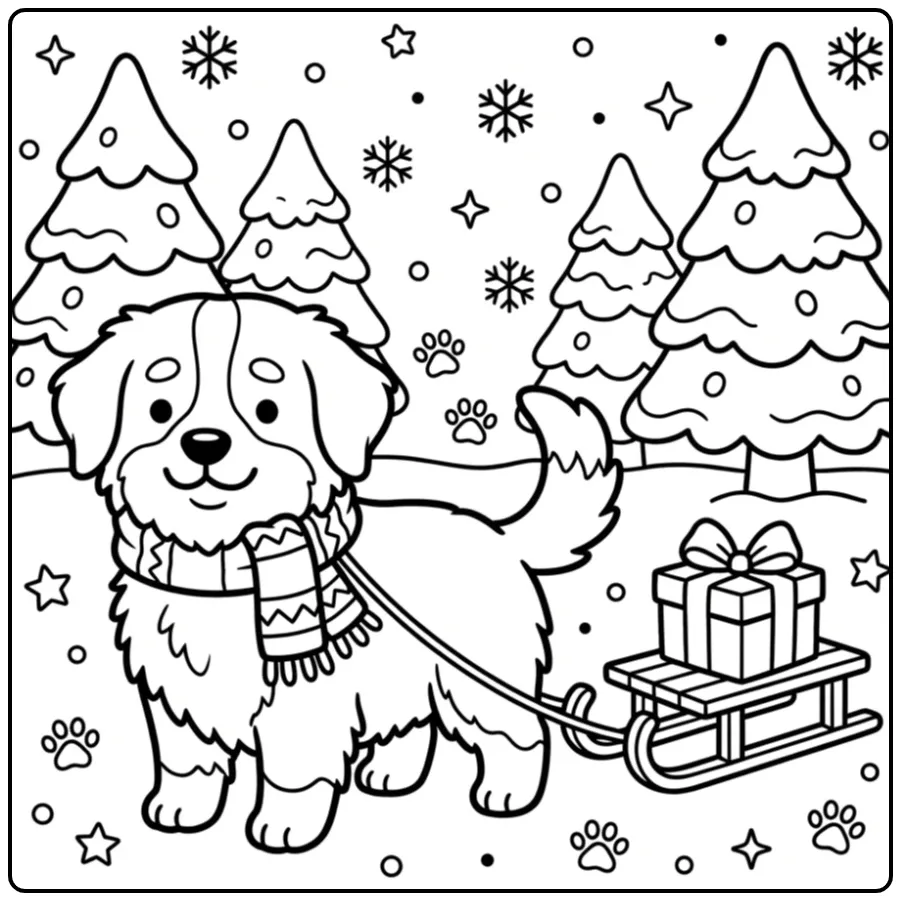 Schattige berner sennen kleurplaat met slee en cadeau.