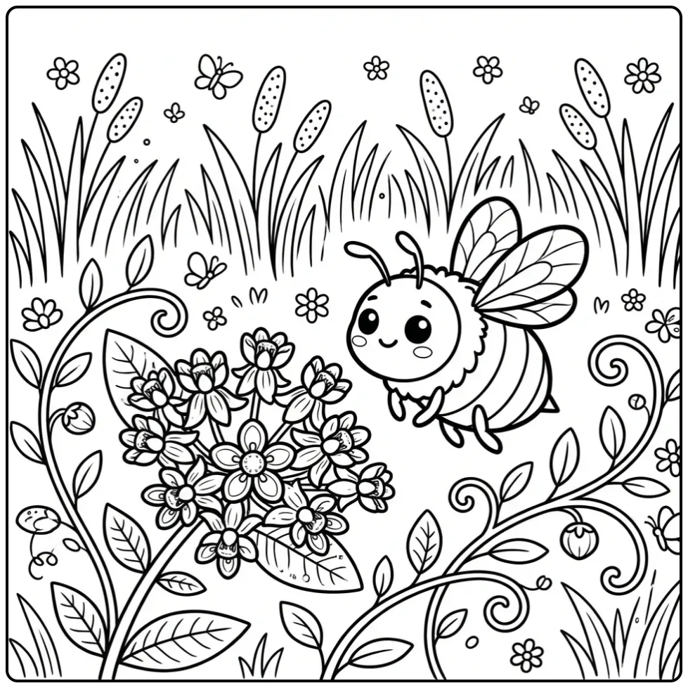 Leuke bijen kleurplaat met een bloem en gras
