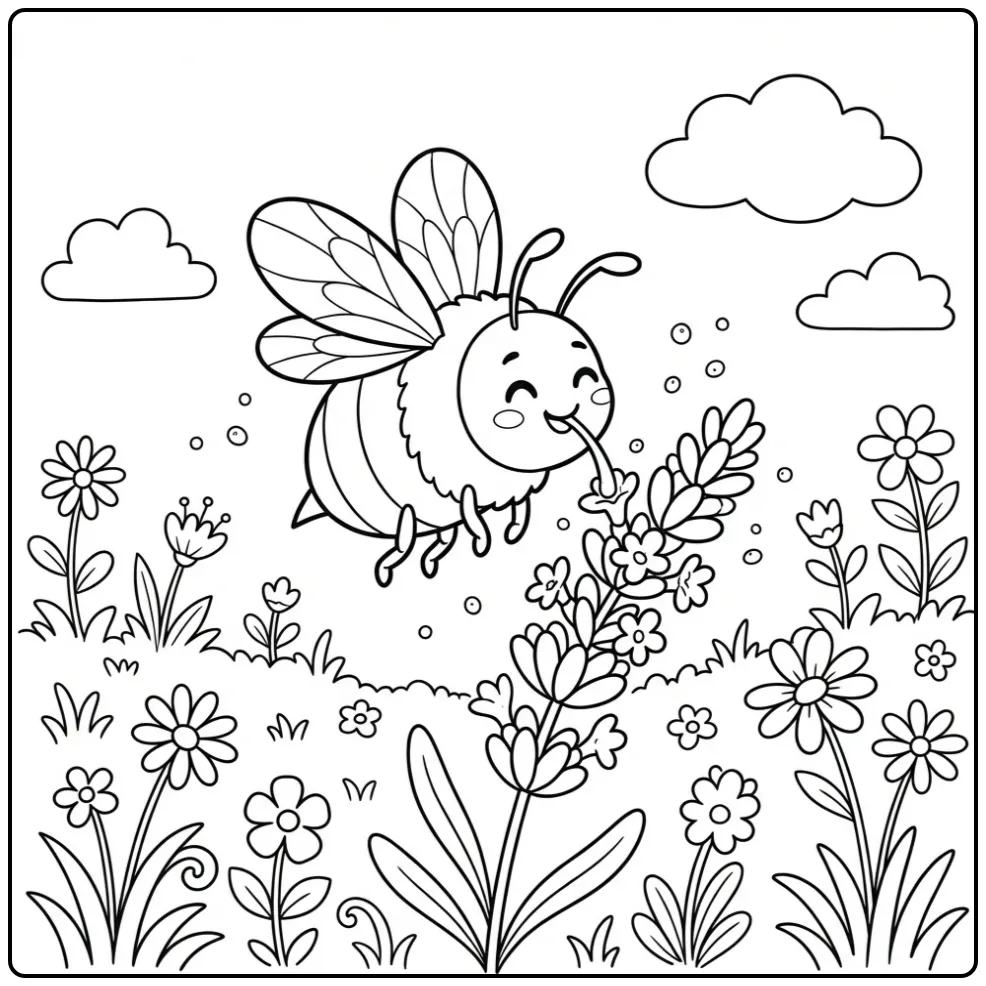 Leuke bijen kleurplaat met lavendel en stuifmeel.