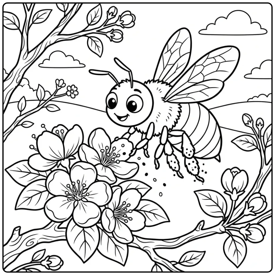 Leuke bijen kleurplaat met bloemen en natuurdetails